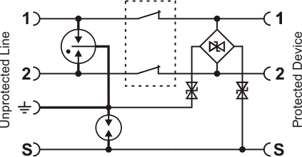 Esquema do limitador de surtos para circuitos de corrente